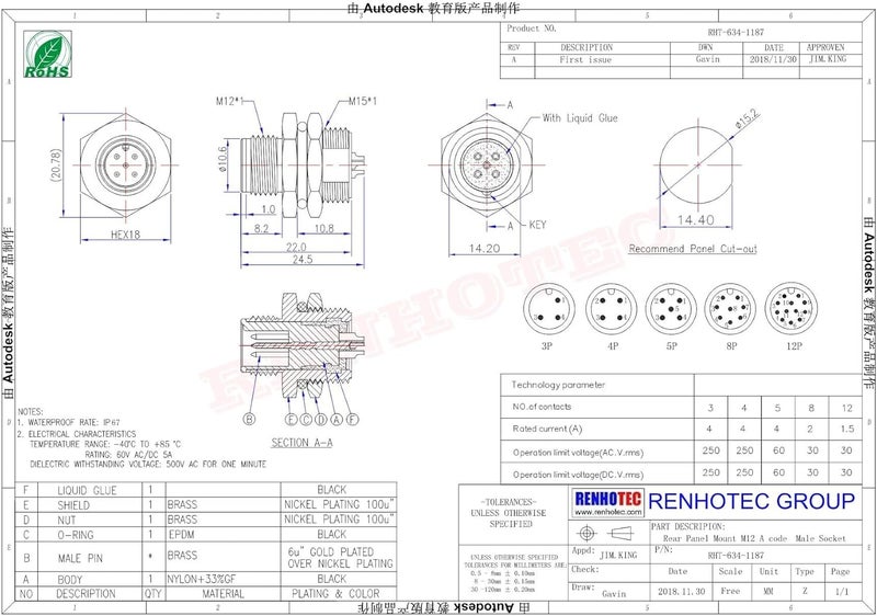 Elecbee M12 Connector Socket Mount M16 x 1.5 Individual Wires 0.5M Shiled (A Code 8 Pin Male Back Mount) - Image 5